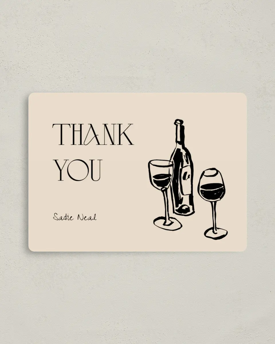 This is a 4" x 5½" Thank You Card called Wining & Dining printed in full color with a Luxe Satin finish