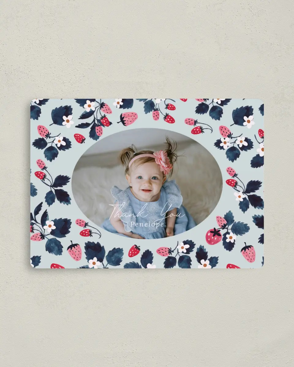 This is a 4" x 5½" Thank You Card called Berry First printed in full color with a Luxe Satin finish