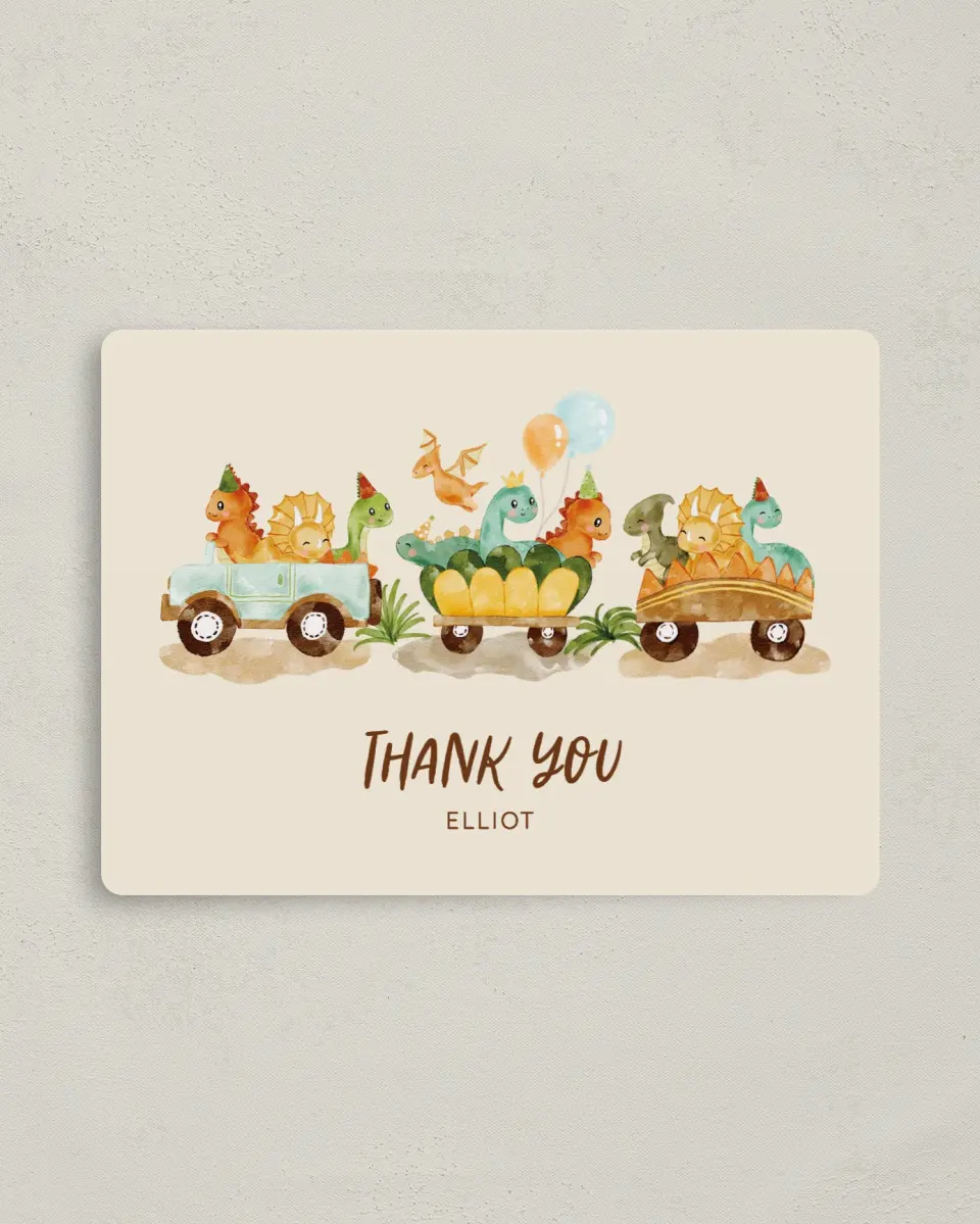 This is a 4" x 5½" Thank You Card called Stomp Chomp Roar printed in full color with a Luxe Satin finish