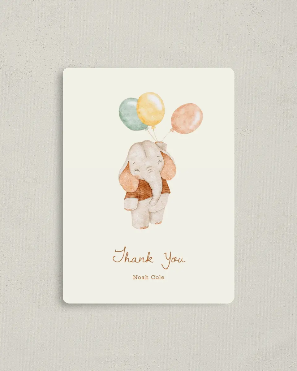 This is a 4" x 5½" Thank You Card called Balloon Buddy printed in full color with a Luxe Satin finish
