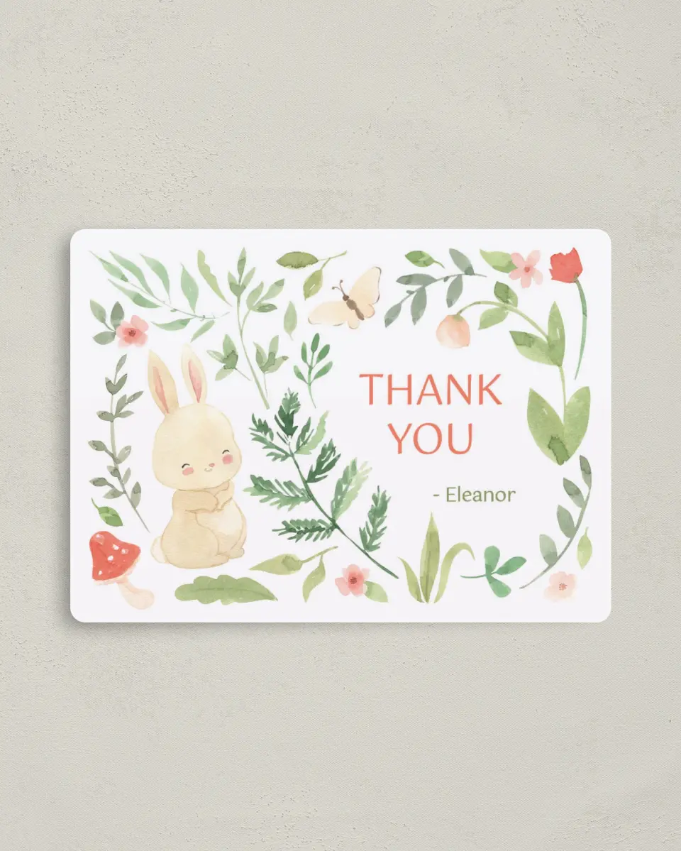 This is a 4" x 5½" Thank You Card called Flora & Fauna printed in full color with a Luxe Satin finish