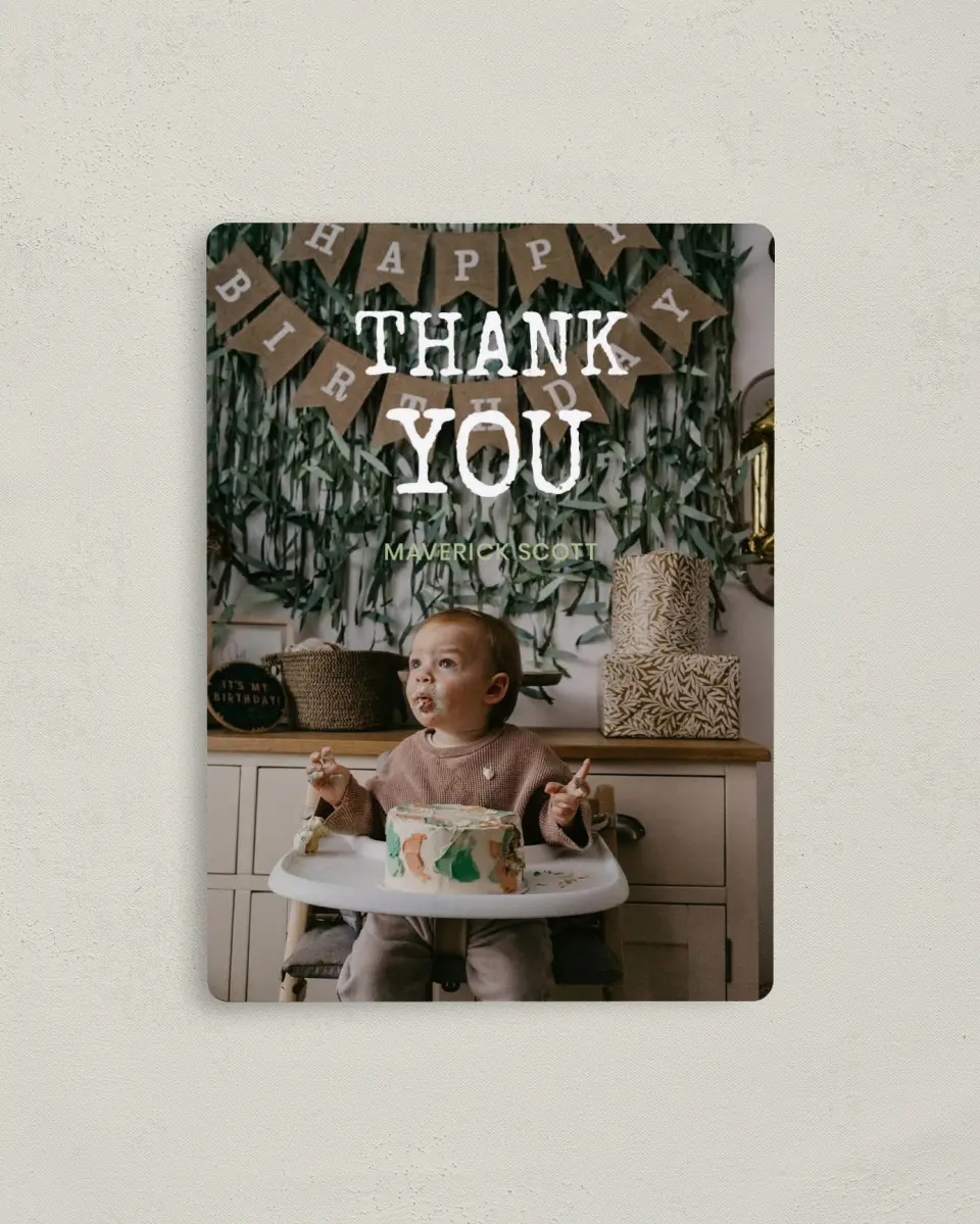 This is a 4" x 5½" Thank You Card called Wild One printed in full color with a Luxe Satin finish