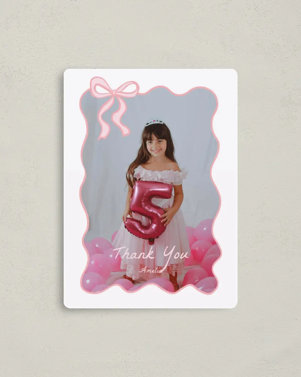 This is a 4" x 5½" Thank You Card called Ribboned Reverie printed in full color with a Luxe Satin finish