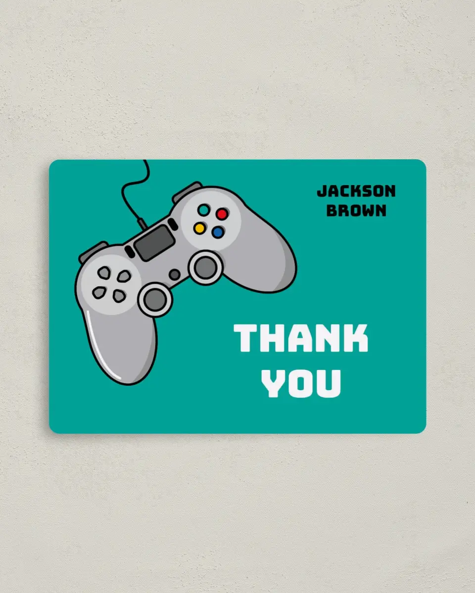 This is a 4" x 5½" Thank You Card called Level Up printed in full color with a Luxe Satin finish