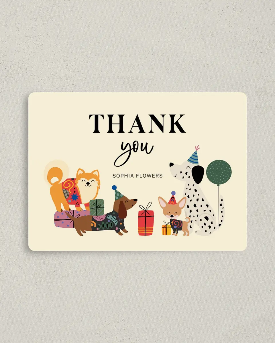 This is a 4" x 5½" Thank You Card called Party Pups printed in full color with a Luxe Satin finish