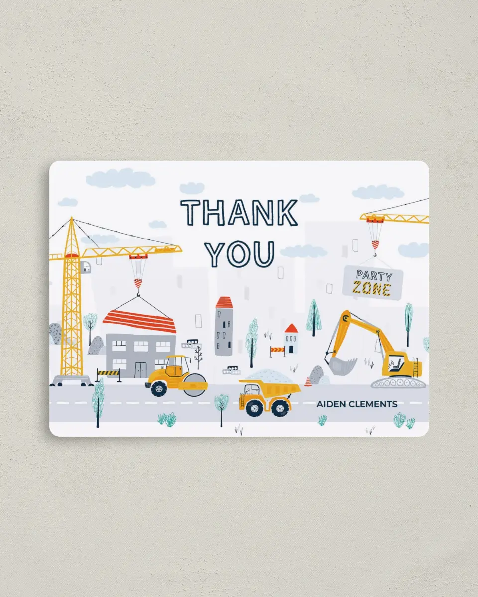 This is a 4" x 5½" Thank You Card called Under Construction printed in full color with a Luxe Satin finish