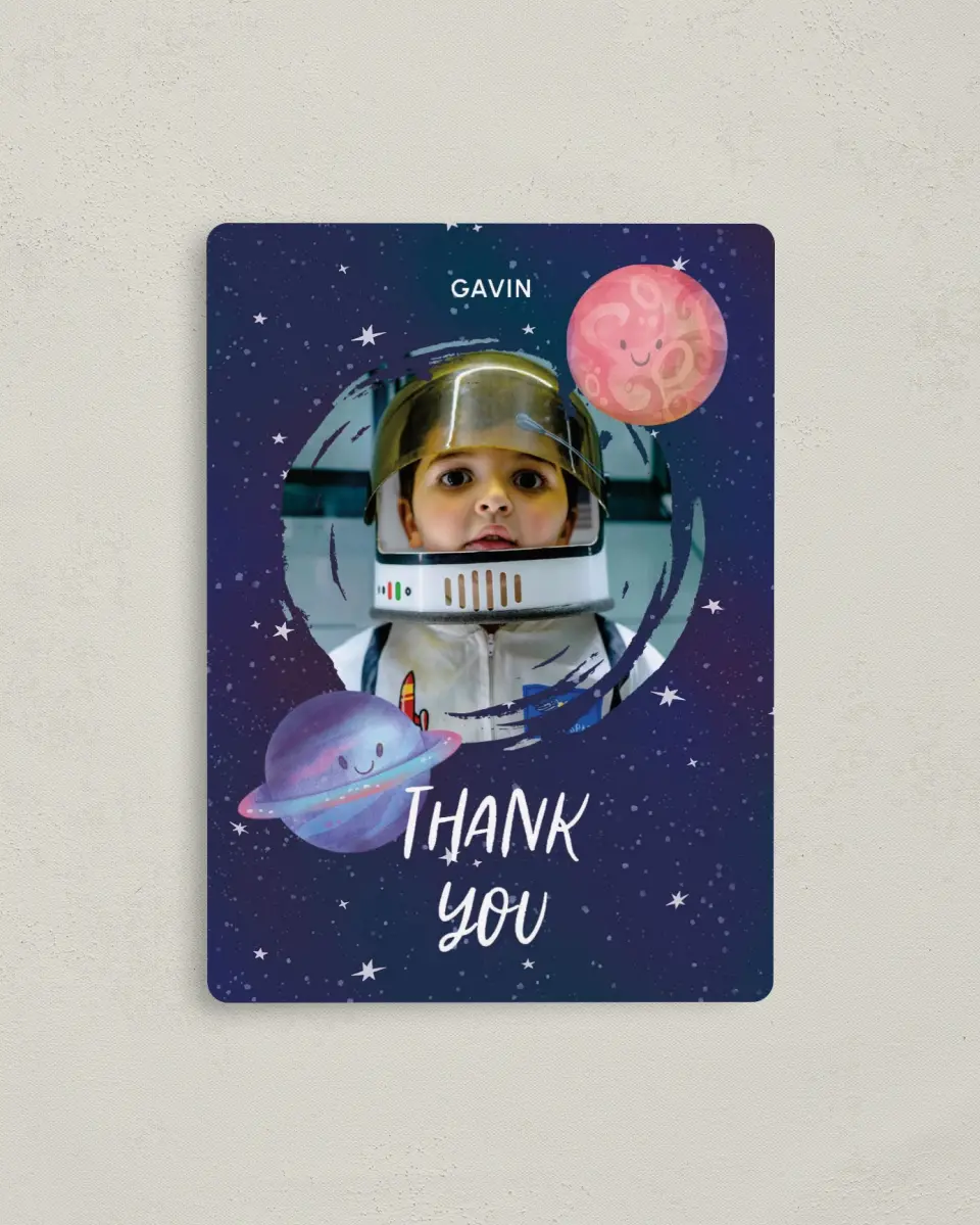 This is a 4" x 5½" Thank You Card called Out of this World printed in full color with a Luxe Satin finish