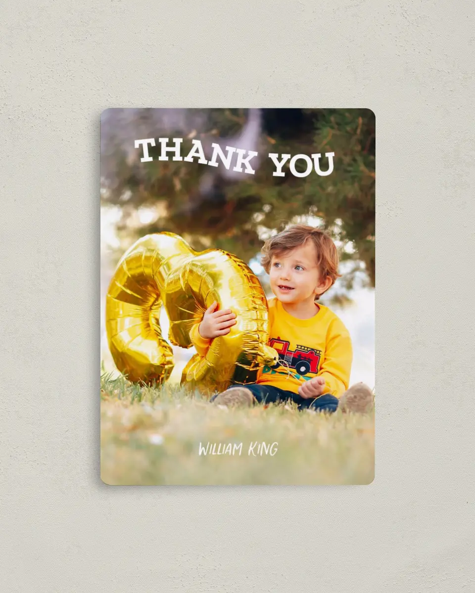 This is a 4" x 5½" Thank You Card called Sound the Alarm printed in full color with a Luxe Satin finish