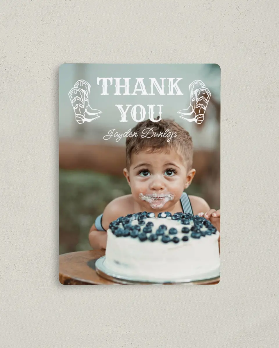 This is a 4" x 5½" Thank You Card called First Rodeo printed in full color with a Luxe Satin finish