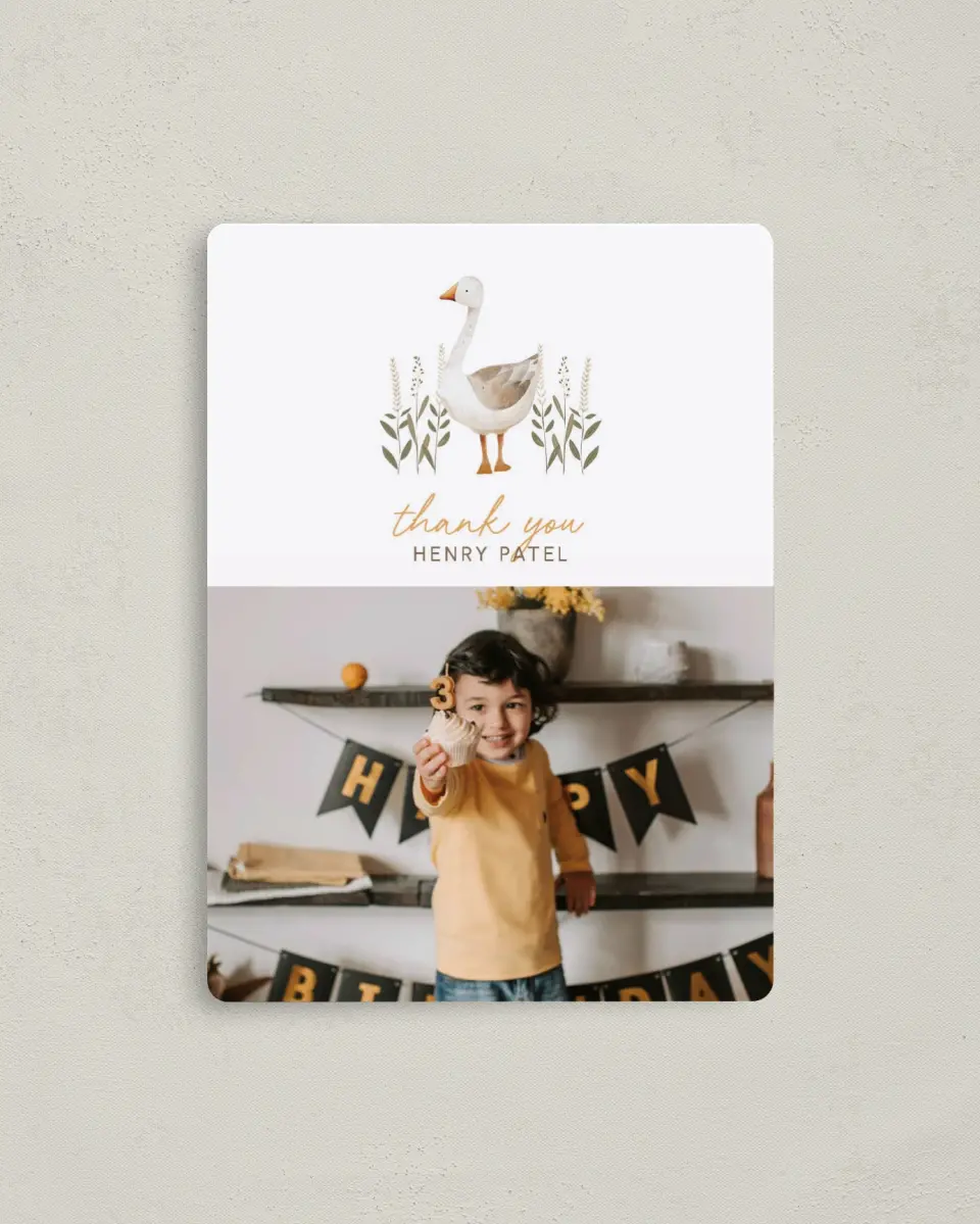 This is a 4" x 5½" Thank You Card called Silly Goose printed in full color with a Luxe Satin finish
