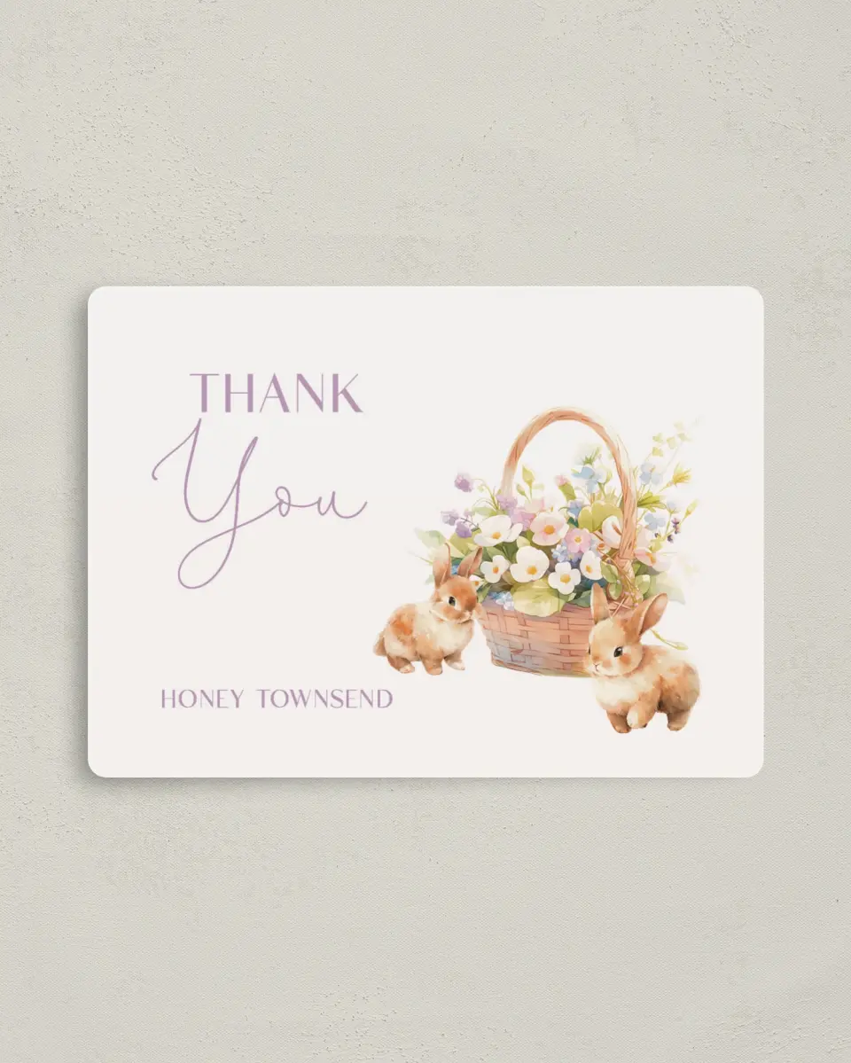 This is a 4" x 5½" Thank You Card called Some Bunny printed in full color with a Luxe Satin finish