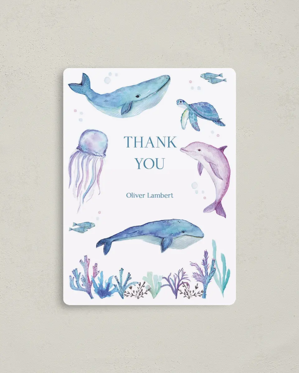 This is a 4" x 5½" Thank You Card called Deep Sea printed in full color with a Luxe Satin finish
