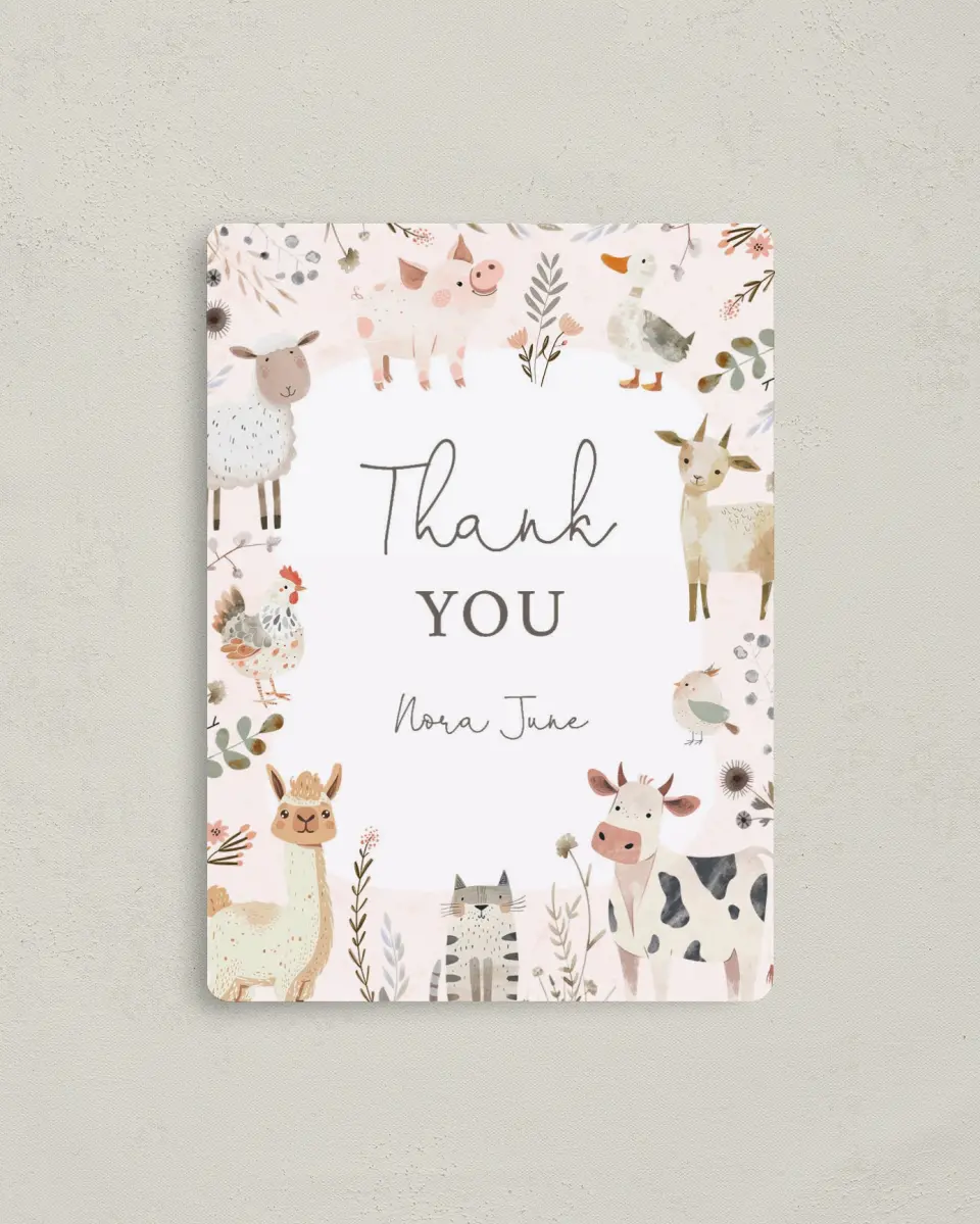 This is a 4" x 5½" Thank You Card called Farm Friends printed in full color with a Luxe Satin finish