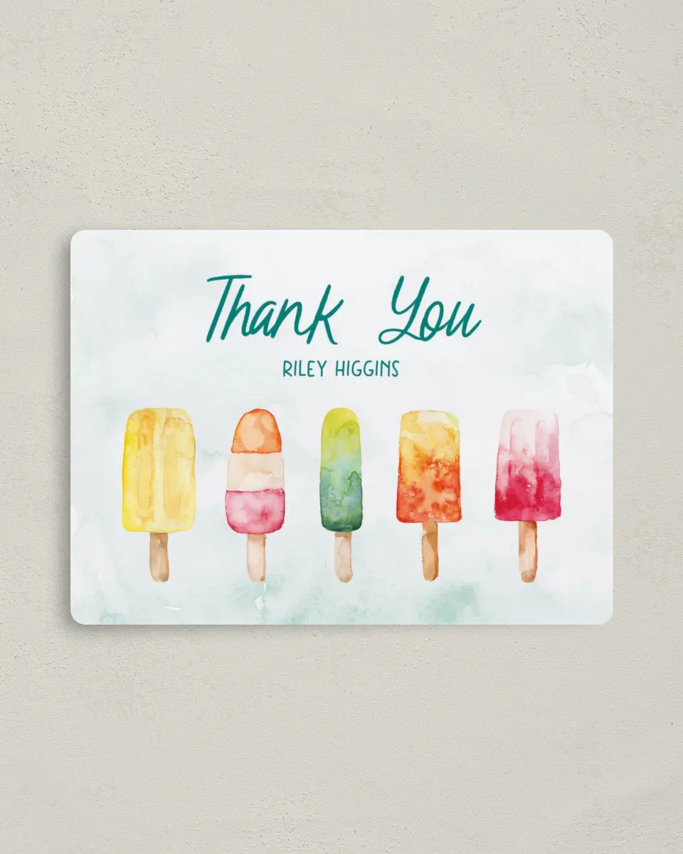 This is a 4" x 5½" Thank You Card called Poolside Popsicles printed in full color with a Luxe Satin finish