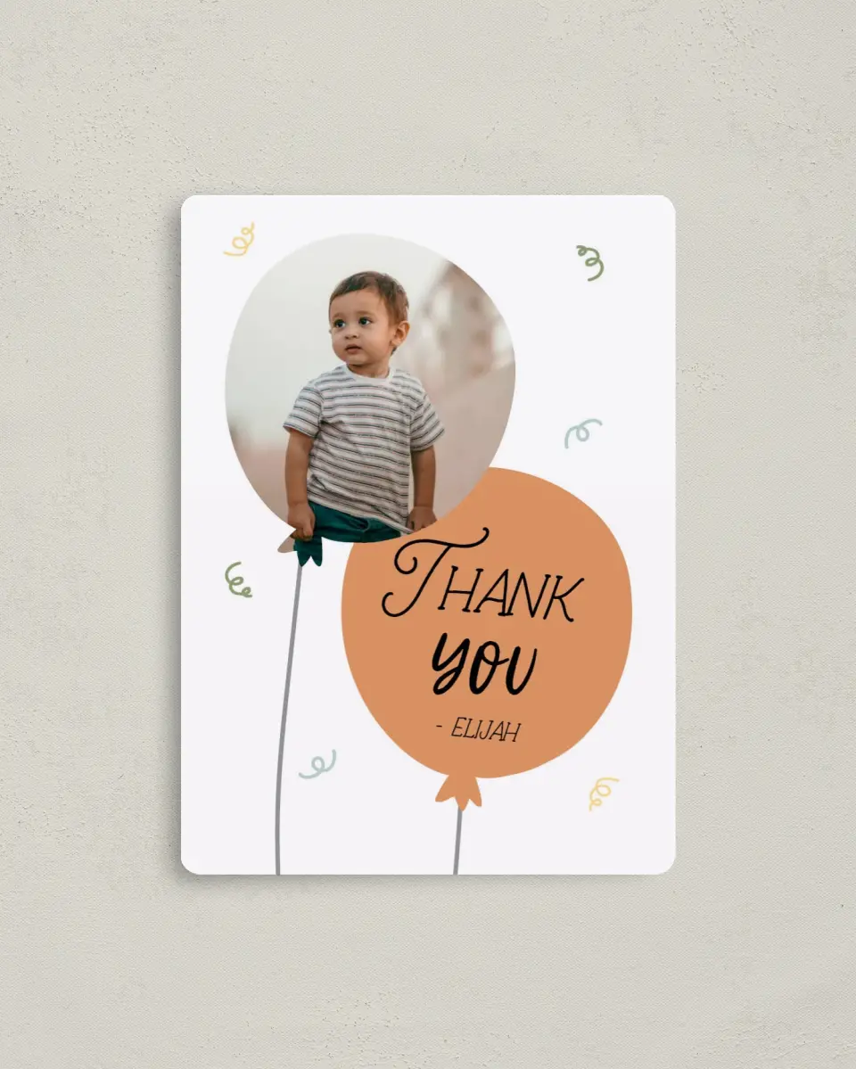This is a 4" x 5½" Thank You Card called Birthday Blast printed in full color with a Luxe Satin finish