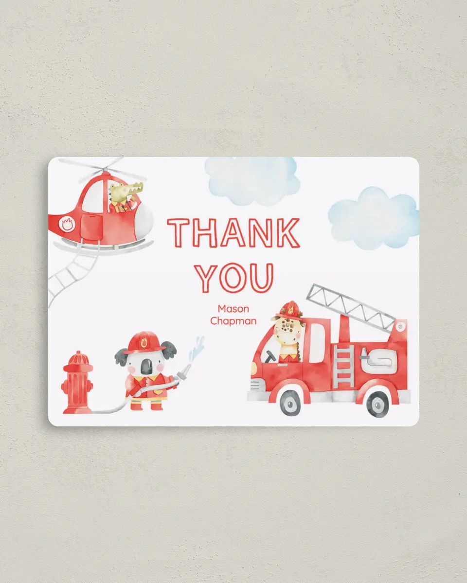 This is a 4" x 5½" Thank You Card called Two the Rescue printed in full color with a Luxe Satin finish