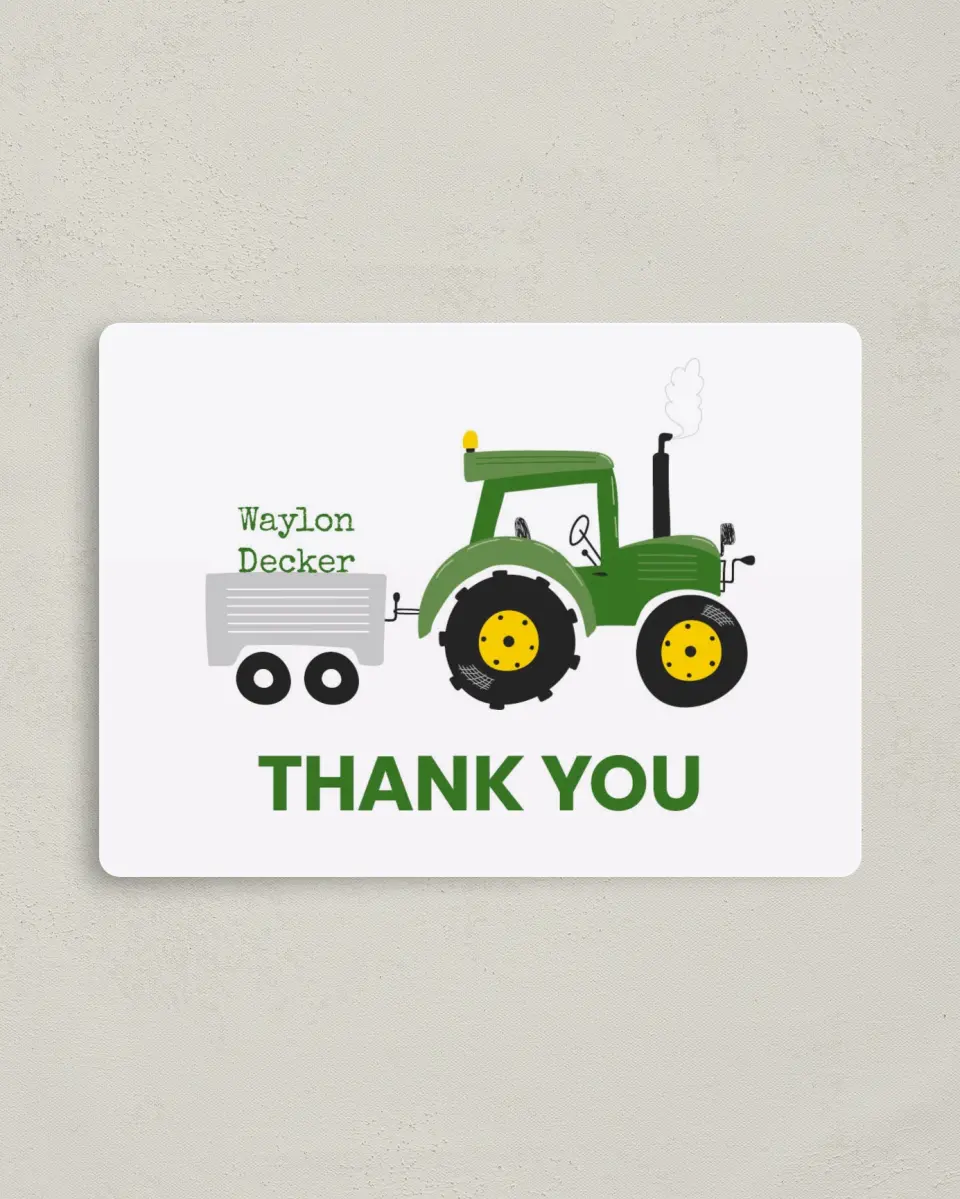 This is a 4" x 5½" Thank You Card called Tractor Trek printed in full color with a Luxe Satin finish