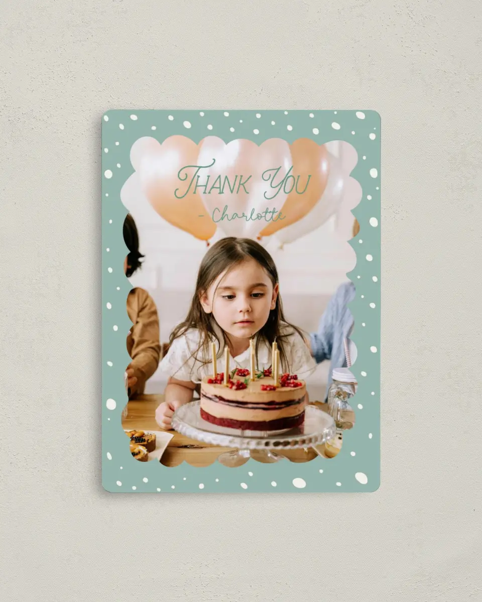 This is a 4" x 5½" Thank You Card called Sweet Celebration printed in full color with a Luxe Satin finish
