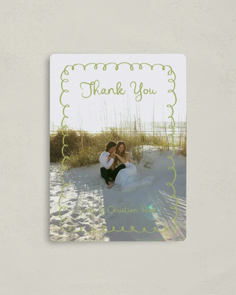 This is a 4" x 5½" Thank You Magnet called Wedding Whimsy printed in full color with Silver foil and a Luxe Satin finish