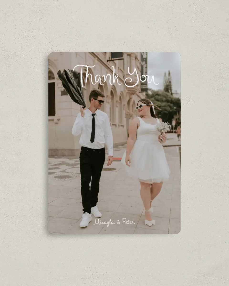 This is a 4" x 5½" Thank You Magnet called The Micayla printed in full color with a Luxe Satin finish