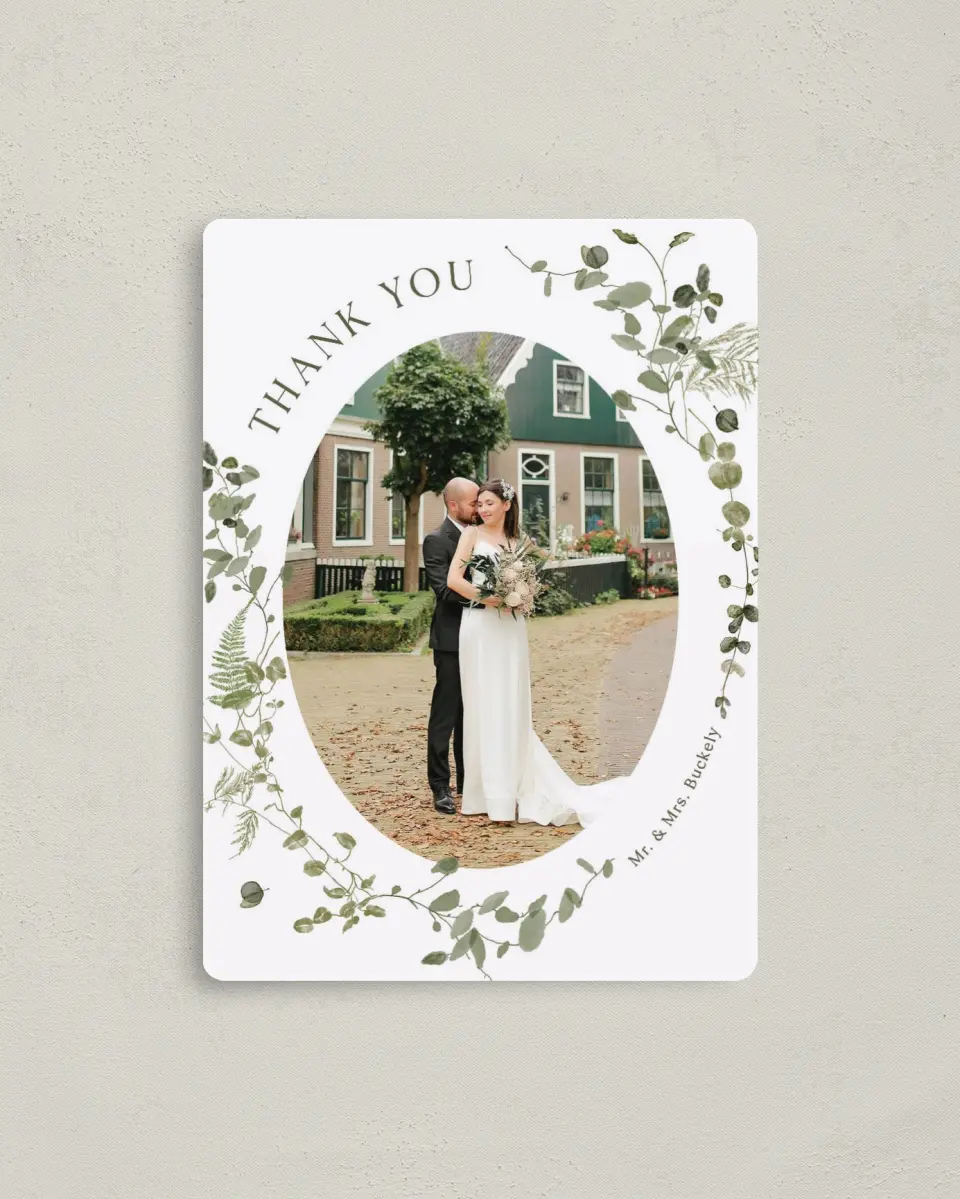 This is a 4" x 5½" Thank You Magnet called The Hailey printed in full color with a Luxe Satin finish