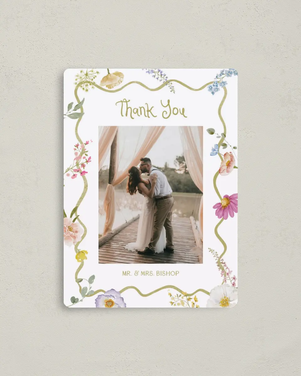 This is a 4" x 5½" Thank You Magnet called Whimsical Garden printed in full color with a Luxe Satin finish