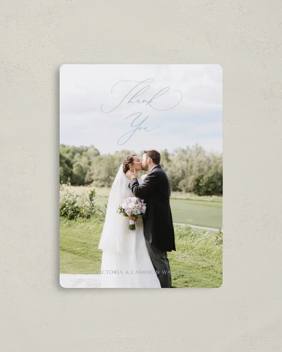 This is a 4" x 5½" Thank You Magnet called The Victoria printed in full color with a Luxe Satin finish