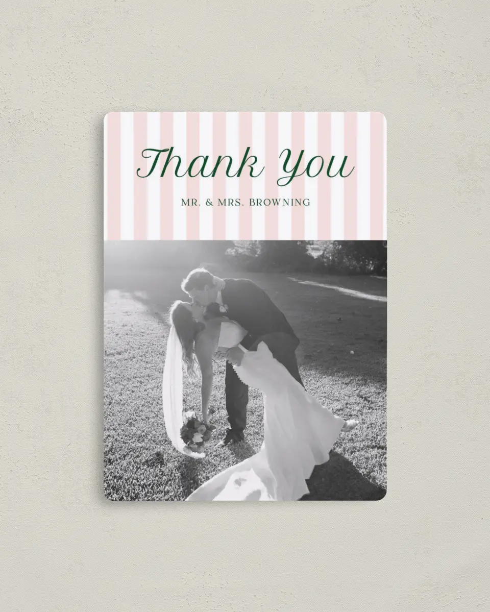 This is a 4" x 5½" Thank You Magnet called A Perfect Match printed in full color with Rose Gold foil and a Luxe Satin finish
