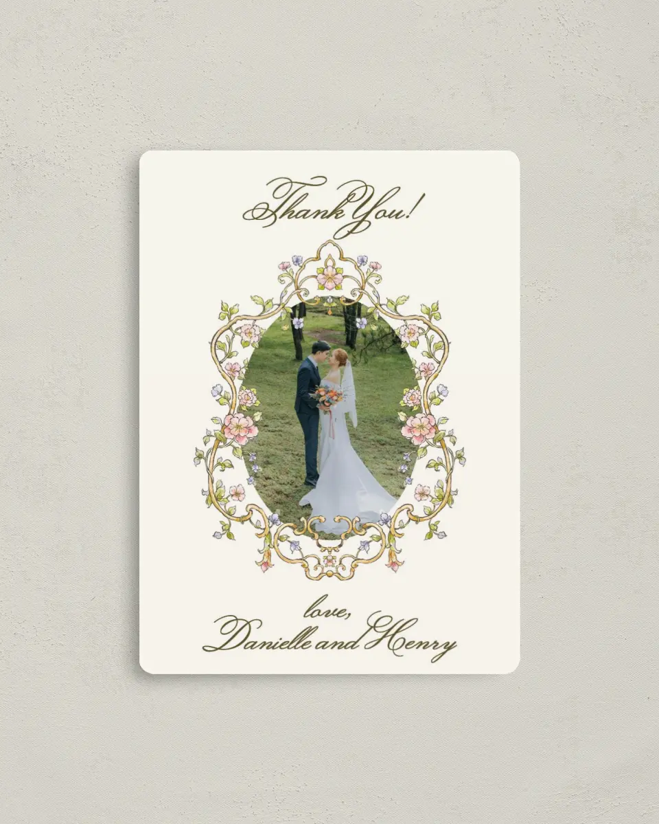 This is a 4" x 5½" Thank You Magnet called Ever After printed in full color with a Luxe Satin finish