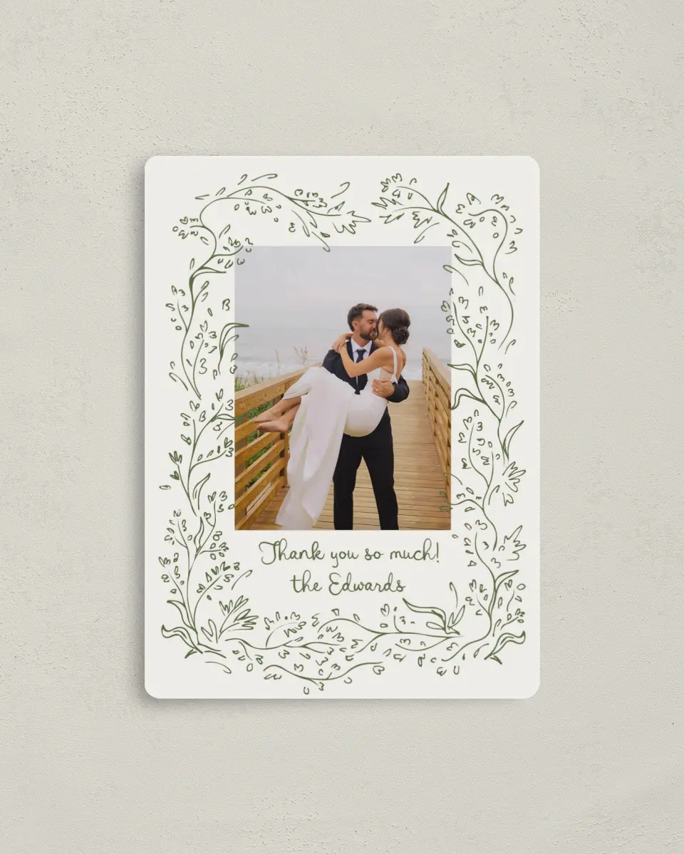 This is a 4" x 5½" Thank You Magnet called Sweet Woodland printed in full color with a Luxe Satin finish