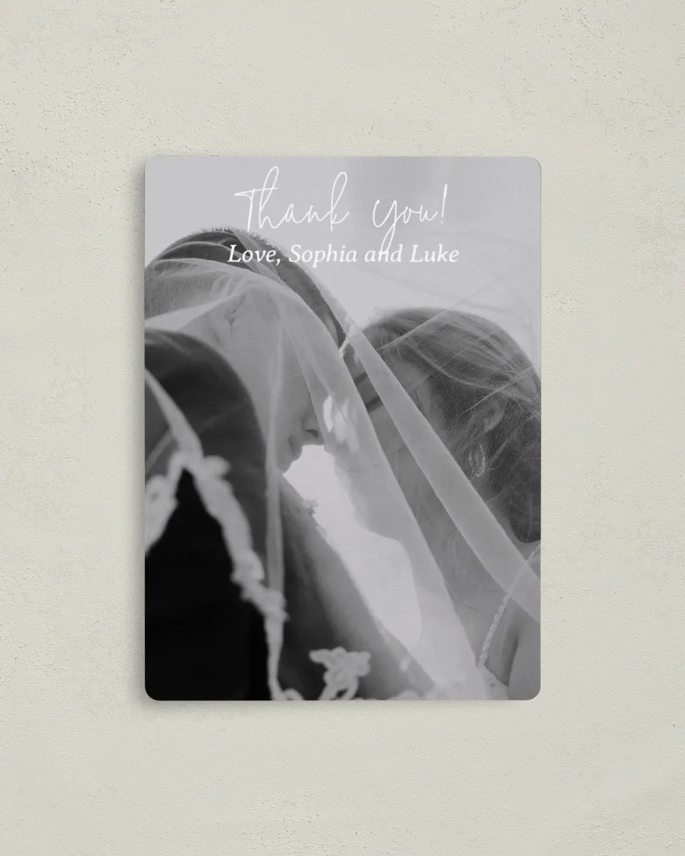 This is a 4" x 5½" Thank You Magnet called Mountain Bliss printed in full color with a Luxe Satin finish