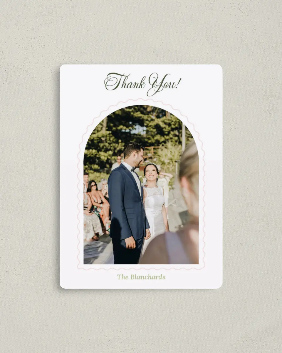 This is a 4" x 5½" Thank You Magnet called Palm Paradise printed in full color with a Luxe Satin finish