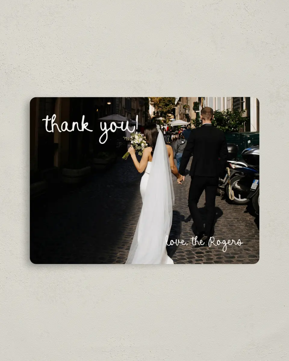 This is a 4" x 5½" Thank You Magnet called Evergreen Elegance printed in full color with a Luxe Satin finish