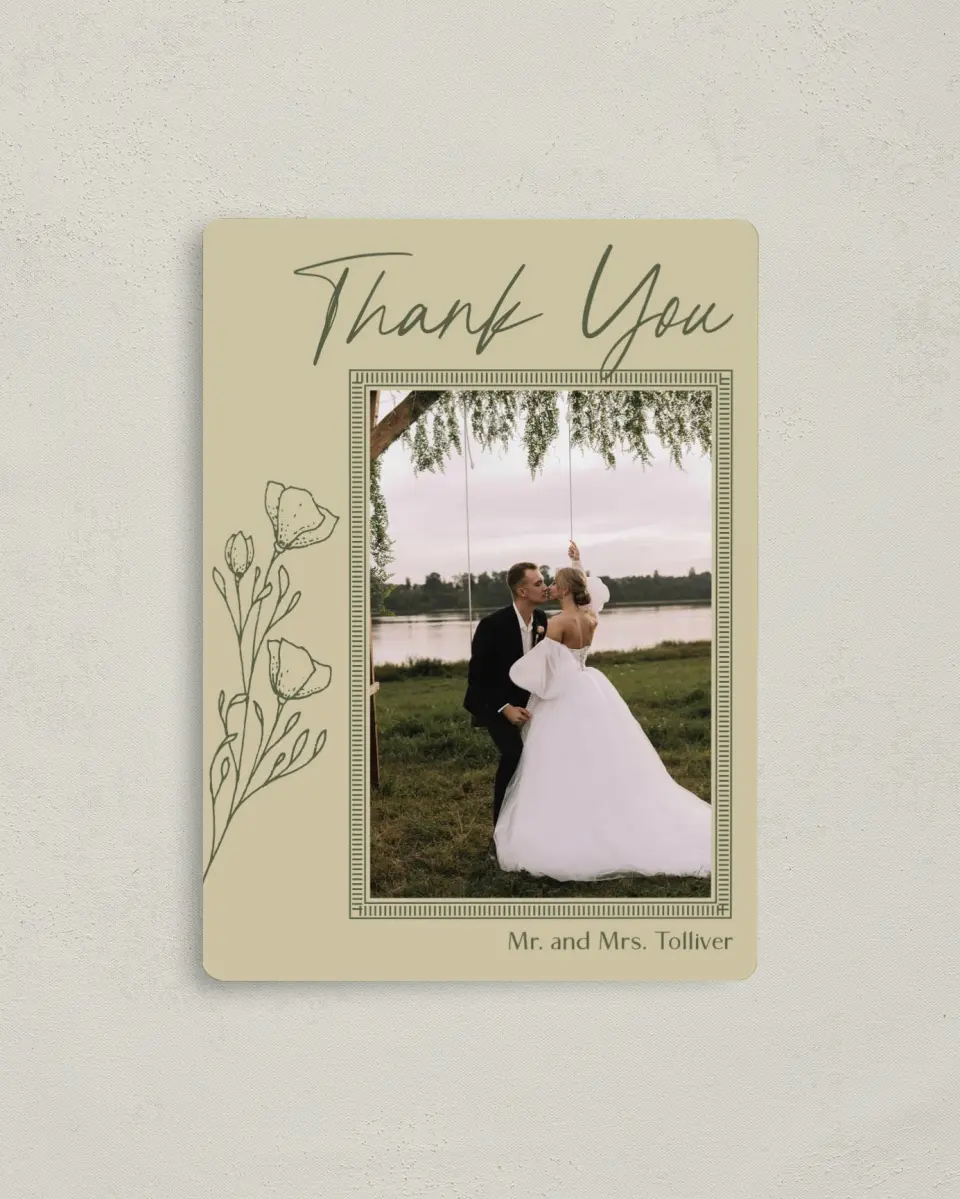 This is a 4" x 5½" Thank You Magnet called Idyllic Love printed in full color with a Luxe Satin finish