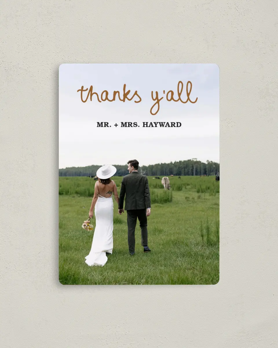 This is a 4" x 5½" Thank You Magnet called Head Over Boots printed in full color with a Luxe Satin finish