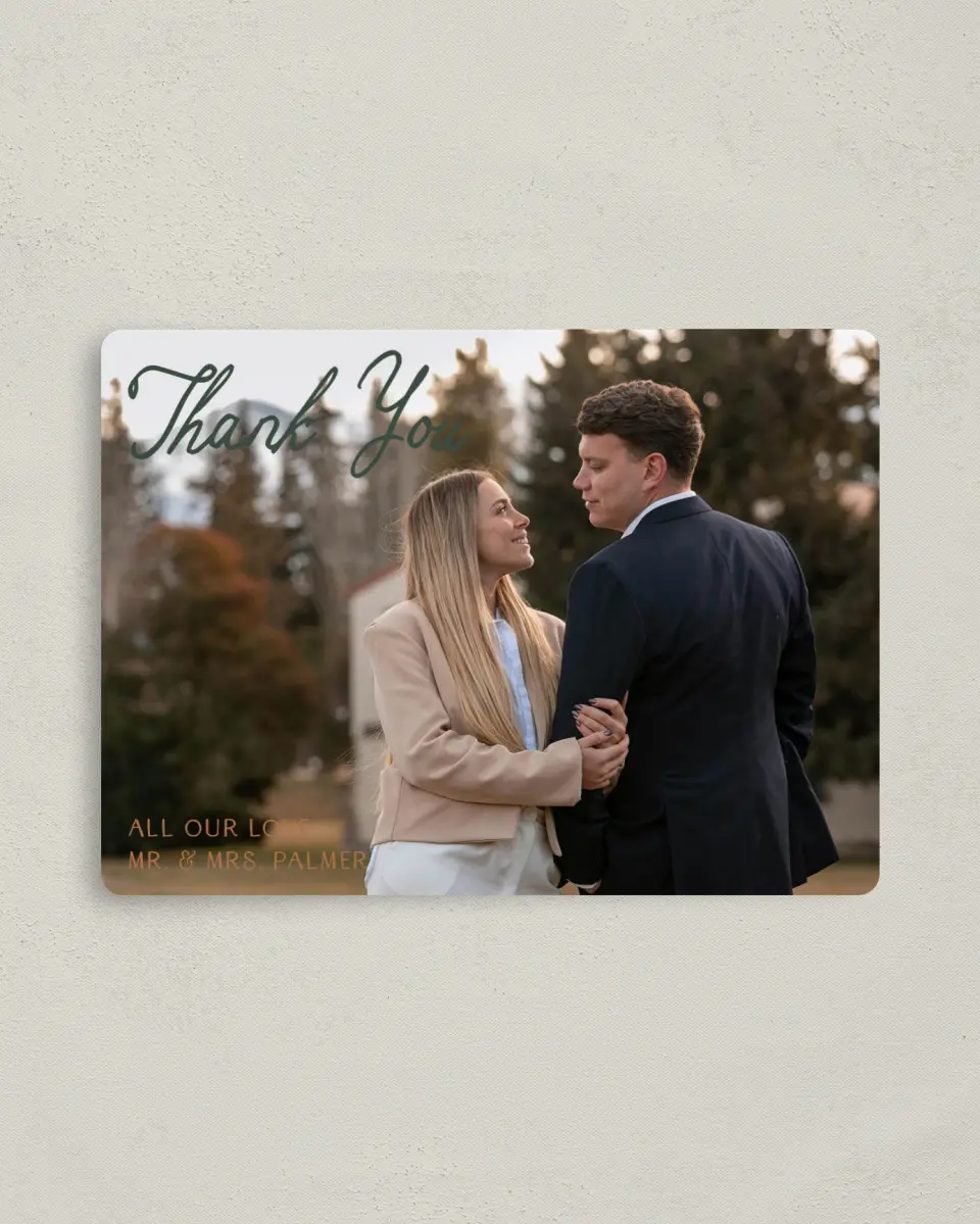 This is a 4" x 5½" Thank You Magnet called Elevated Adventures printed in full color with a Luxe Satin finish