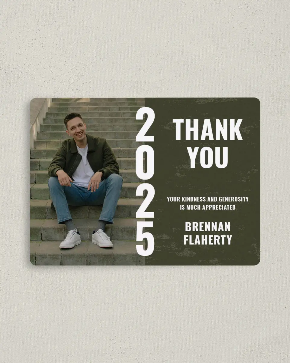 This is a 4" x 5½" Graduation Thank You Magnet called Genuine Graduate printed in full color with Gold foil and a Luxe Satin finish