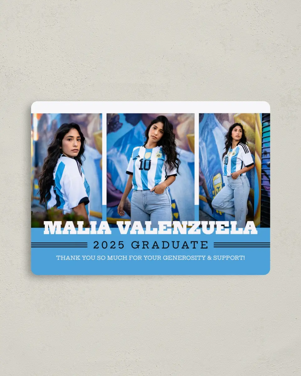 This is a 4" x 5½" Graduation Thank You Magnet called Sporty Spice printed in full color with a Luxe Satin finish