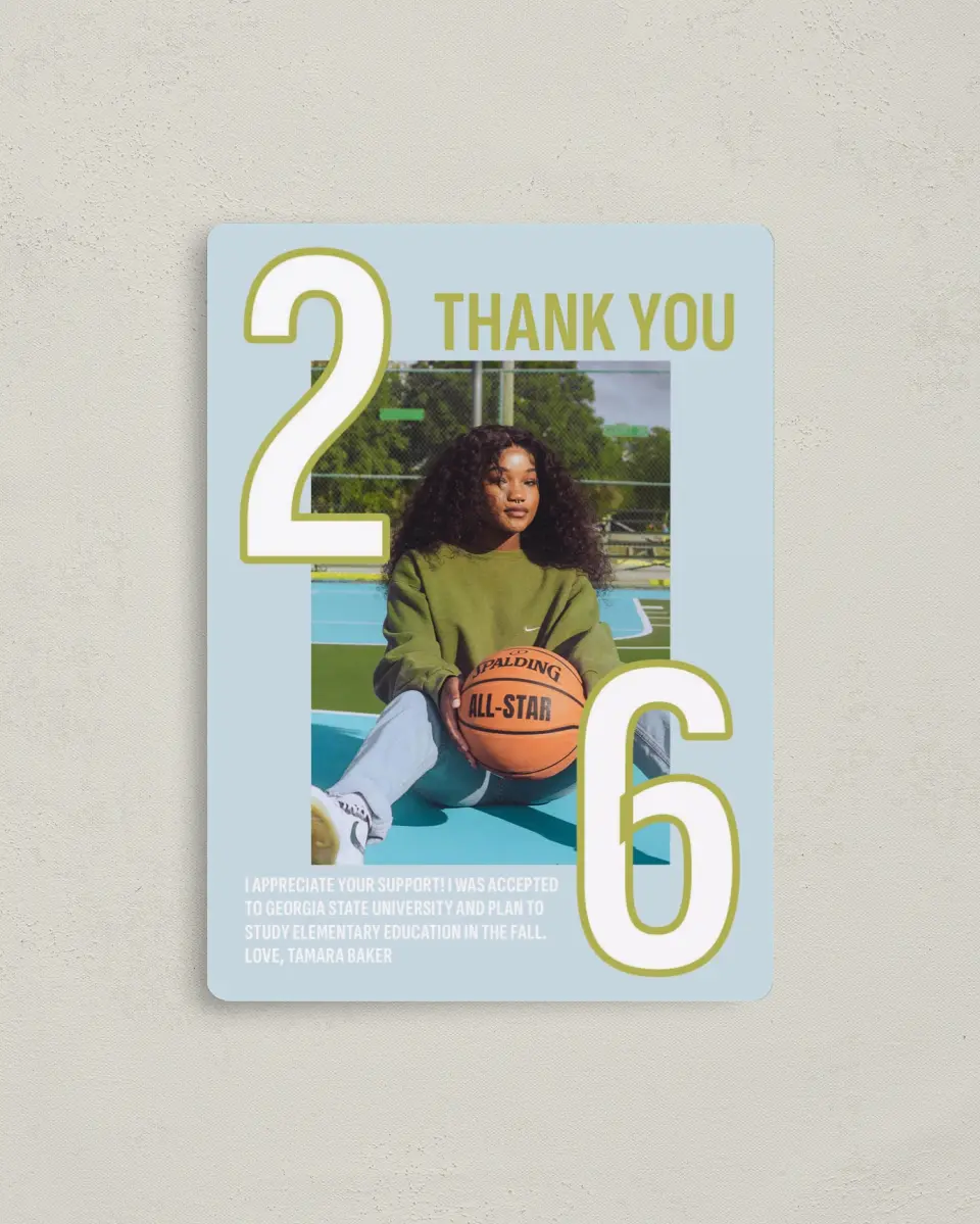 This is a 4" x 5½" Graduation Thank You Magnet called Big Grad Energy printed in full color with a Luxe Satin finish