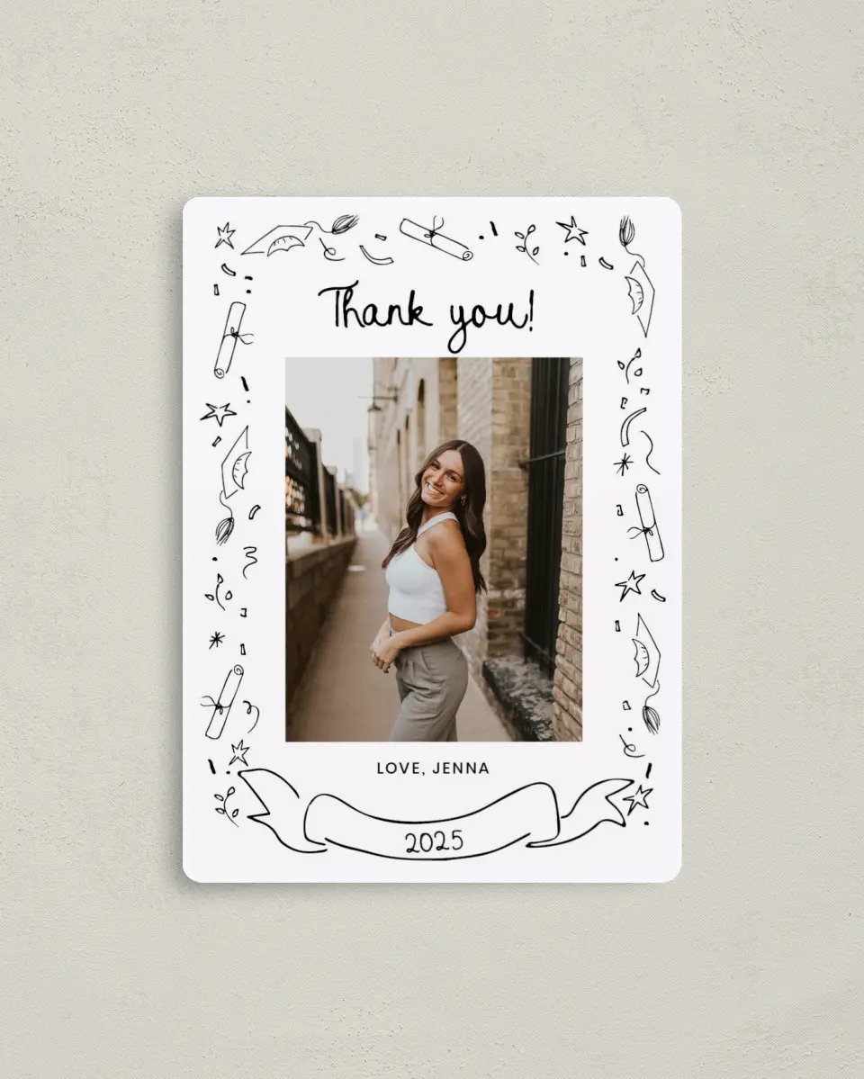 This is a 4" x 5½" Graduation Thank You Magnet called Handwritten Grad printed in full color with a Luxe Satin finish