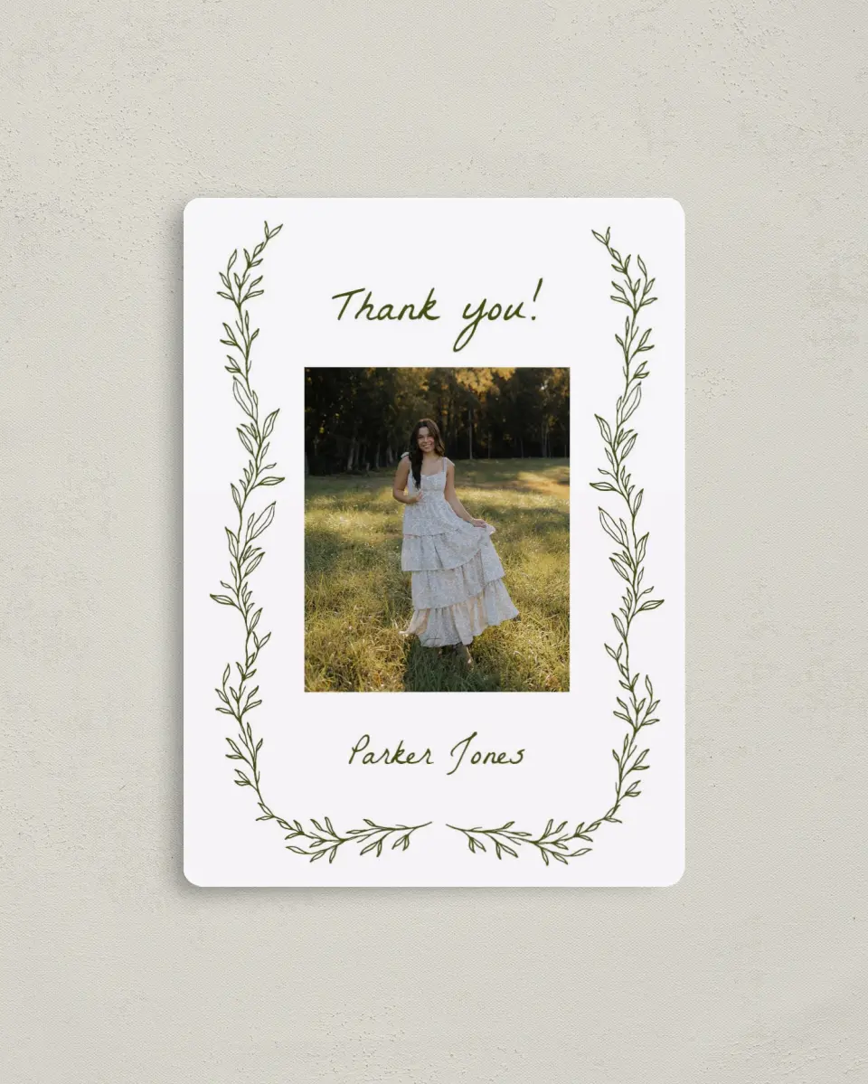 This is a 4" x 5½" Graduation Thank You Magnet called Flourish & Thrive printed in full color with a Luxe Satin finish
