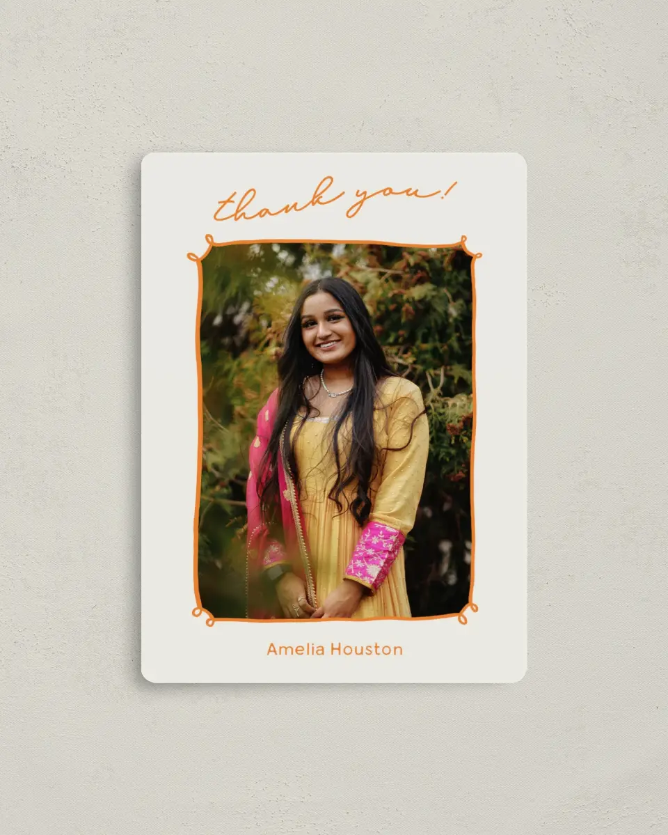 This is a 4" x 5½" Graduation Thank You Magnet called Grand Grad printed in full color with a Luxe Satin finish