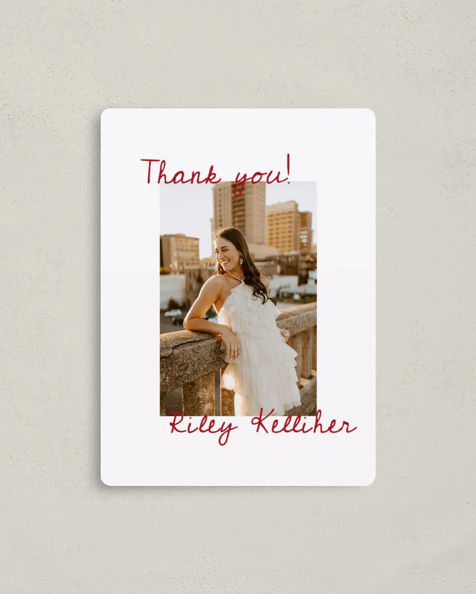 This is a 4" x 5½" Graduation Thank You Magnet called Stunning Celebration printed in full color with a Luxe Satin finish