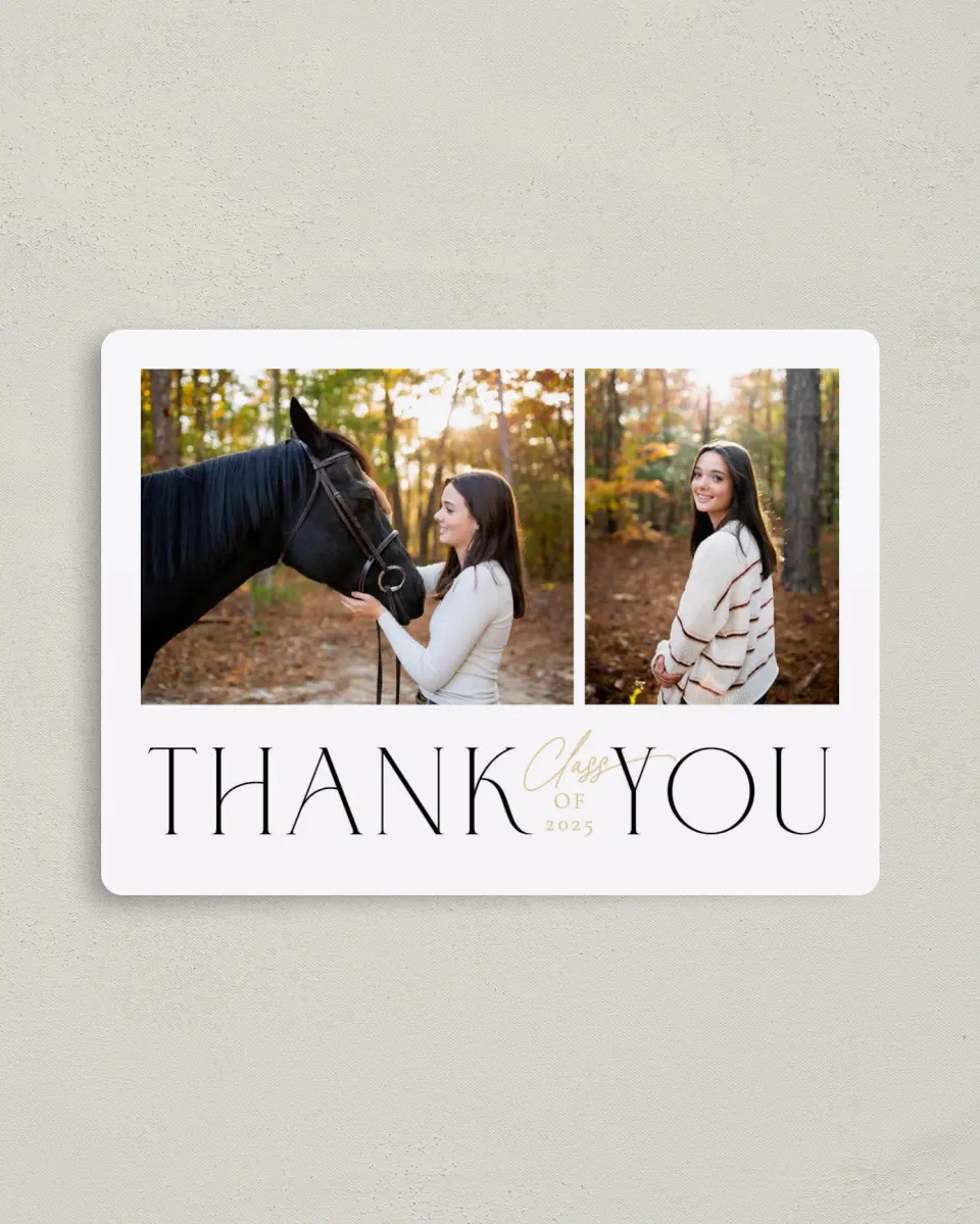 This is a 4" x 5½" Graduation Thank You Magnet called Brilliant Year printed in full color with a Luxe Satin finish