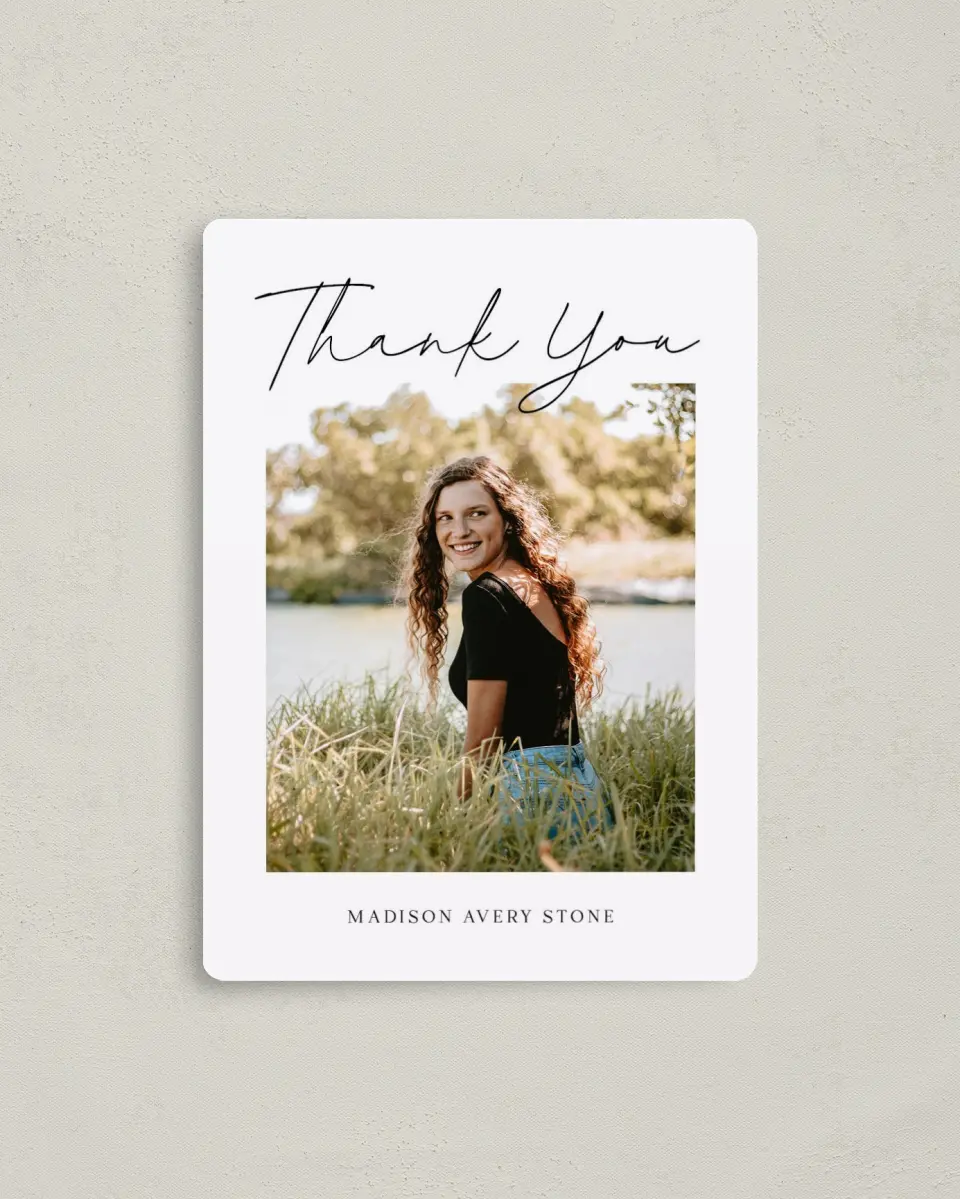 This is a 4" x 5½" Graduation Thank You Magnet called Top of Class printed in full color with a Luxe Satin finish
