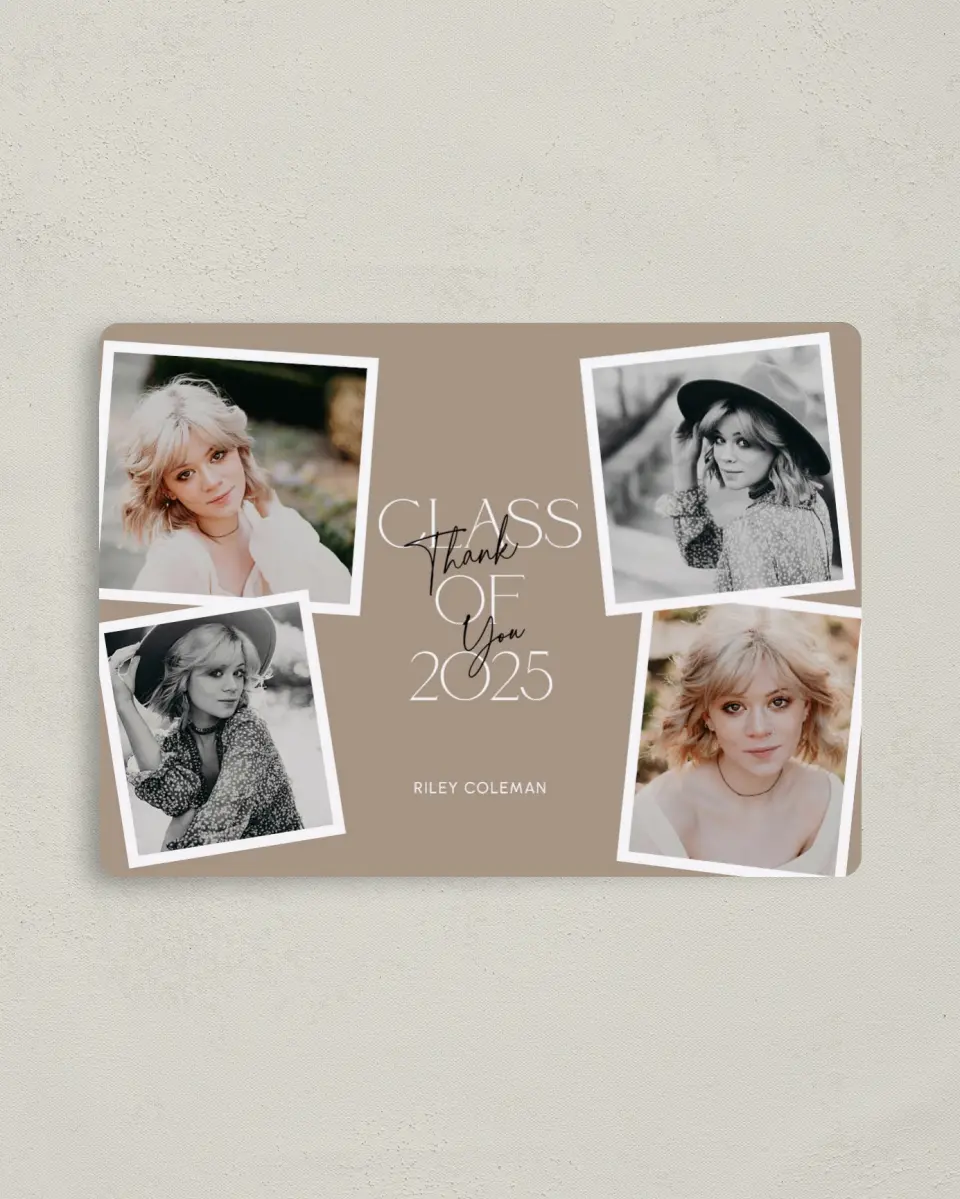 This is a 4" x 5½" Graduation Thank You Magnet called Layered Snapshots printed in full color with a Luxe Satin finish