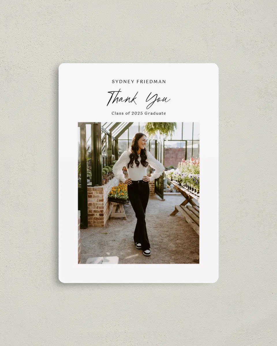 This is a 4" x 5½" Graduation Thank You Magnet called Timeless Graduate printed in full color with a Luxe Satin finish