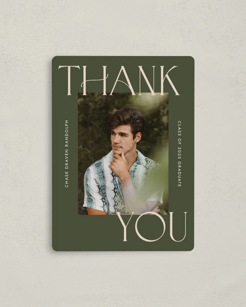 This is a 4" x 5½" Graduation Thank You Magnet called Grand Year printed in full color with a Luxe Satin finish