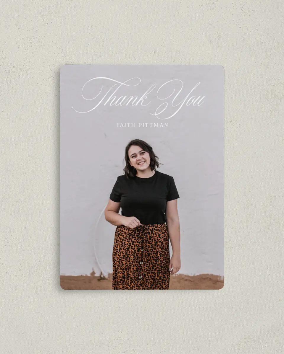 This is a 4" x 5½" Graduation Thank You Magnet called Class Elegance printed in full color with a Luxe Satin finish