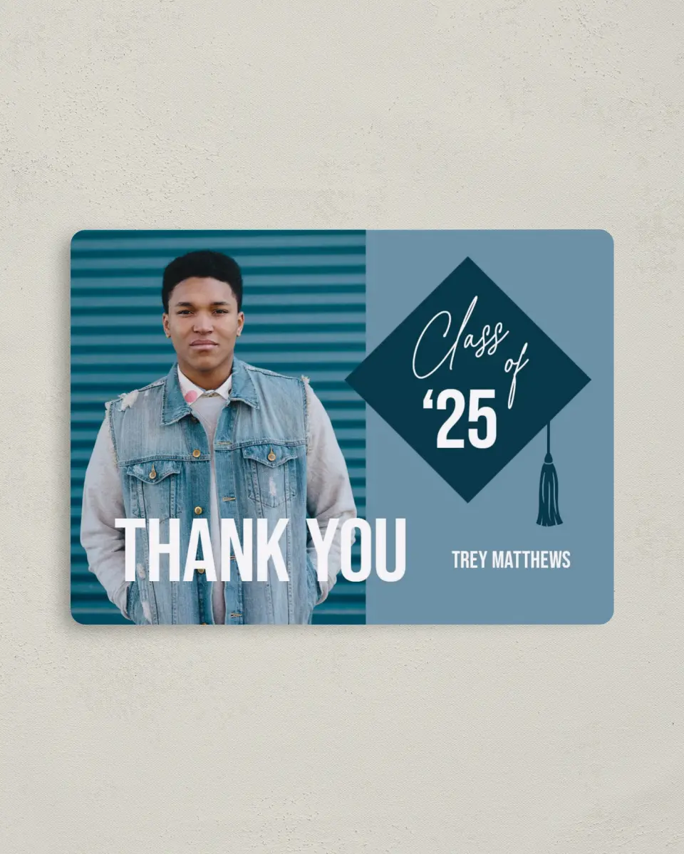 This is a 4" x 5½" Graduation Thank You Magnet called Scholarly Style printed in full color with a Luxe Satin finish